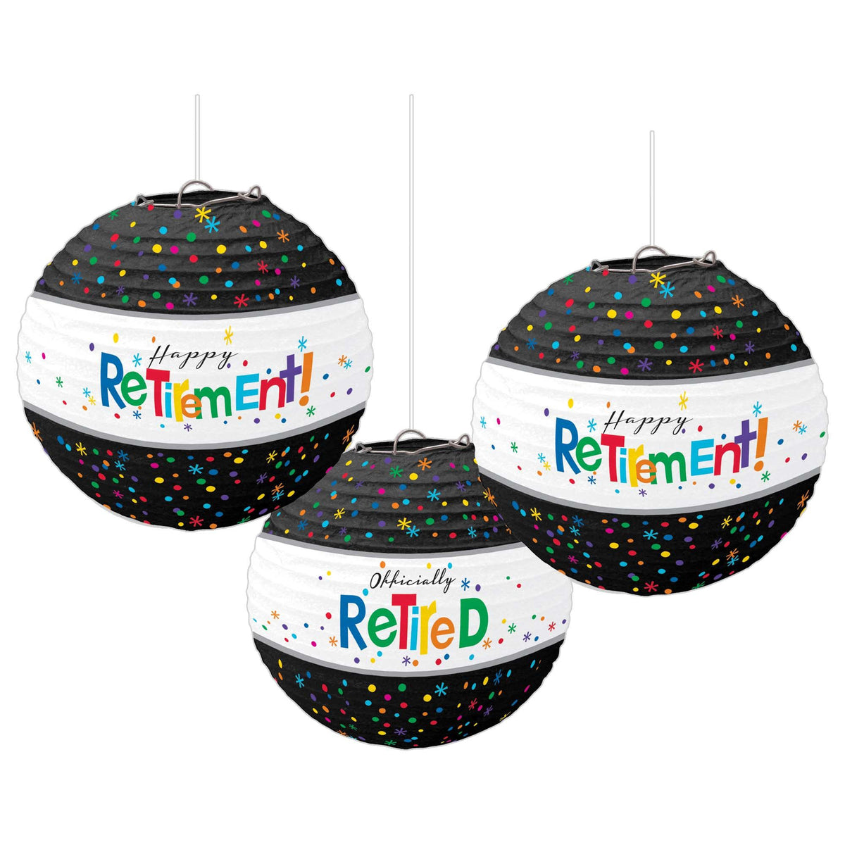 Happy Retirement Paper Lanterns, Black/White, 9.5 inch, 3-pk
