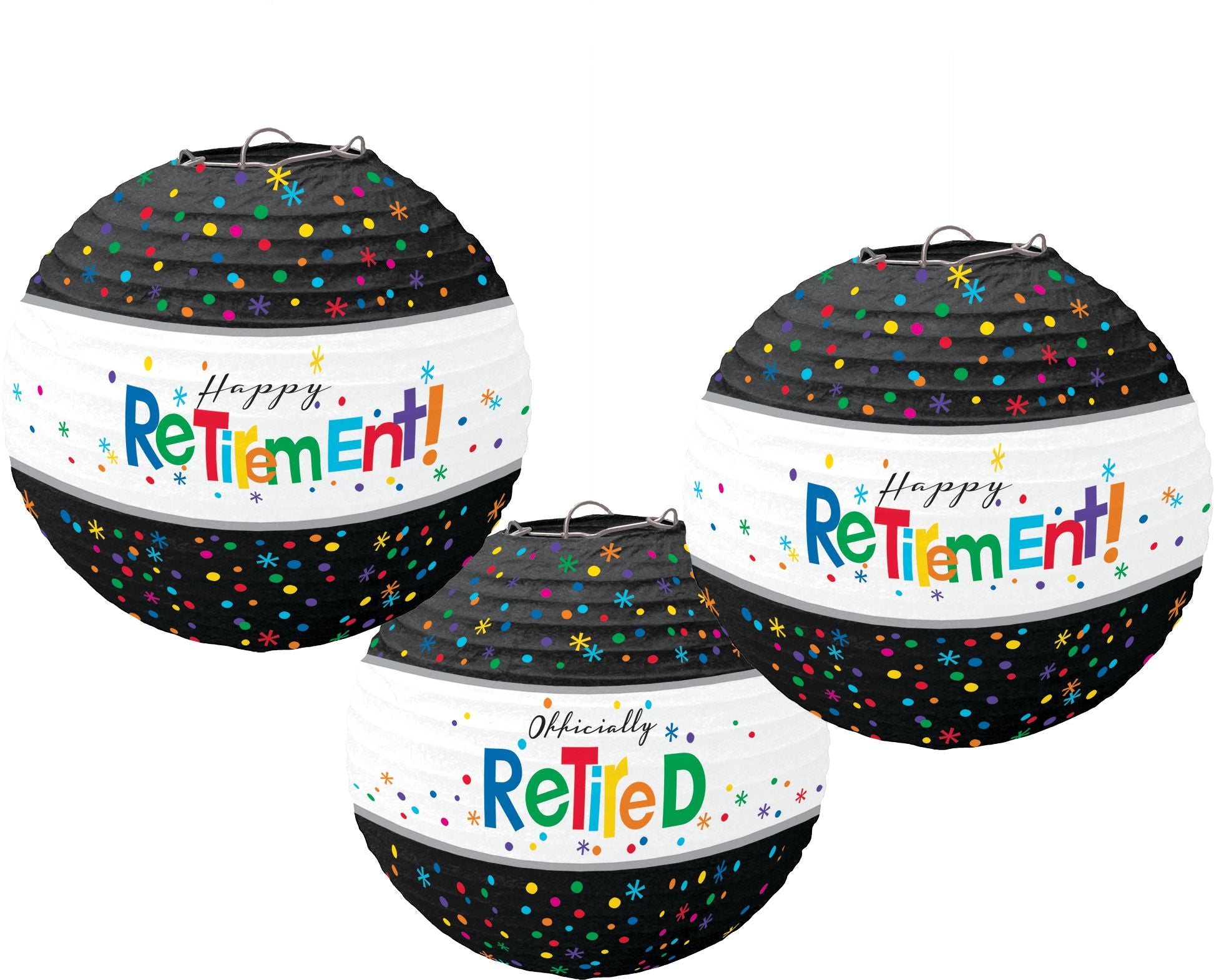 Happy Retirement Paper Lanterns, Black/White, 9.5 inch, 3-pk
