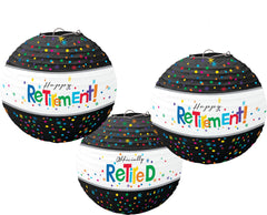 Happy Retirement Paper Lanterns, Black/White, 9.5 inch, 3-pk