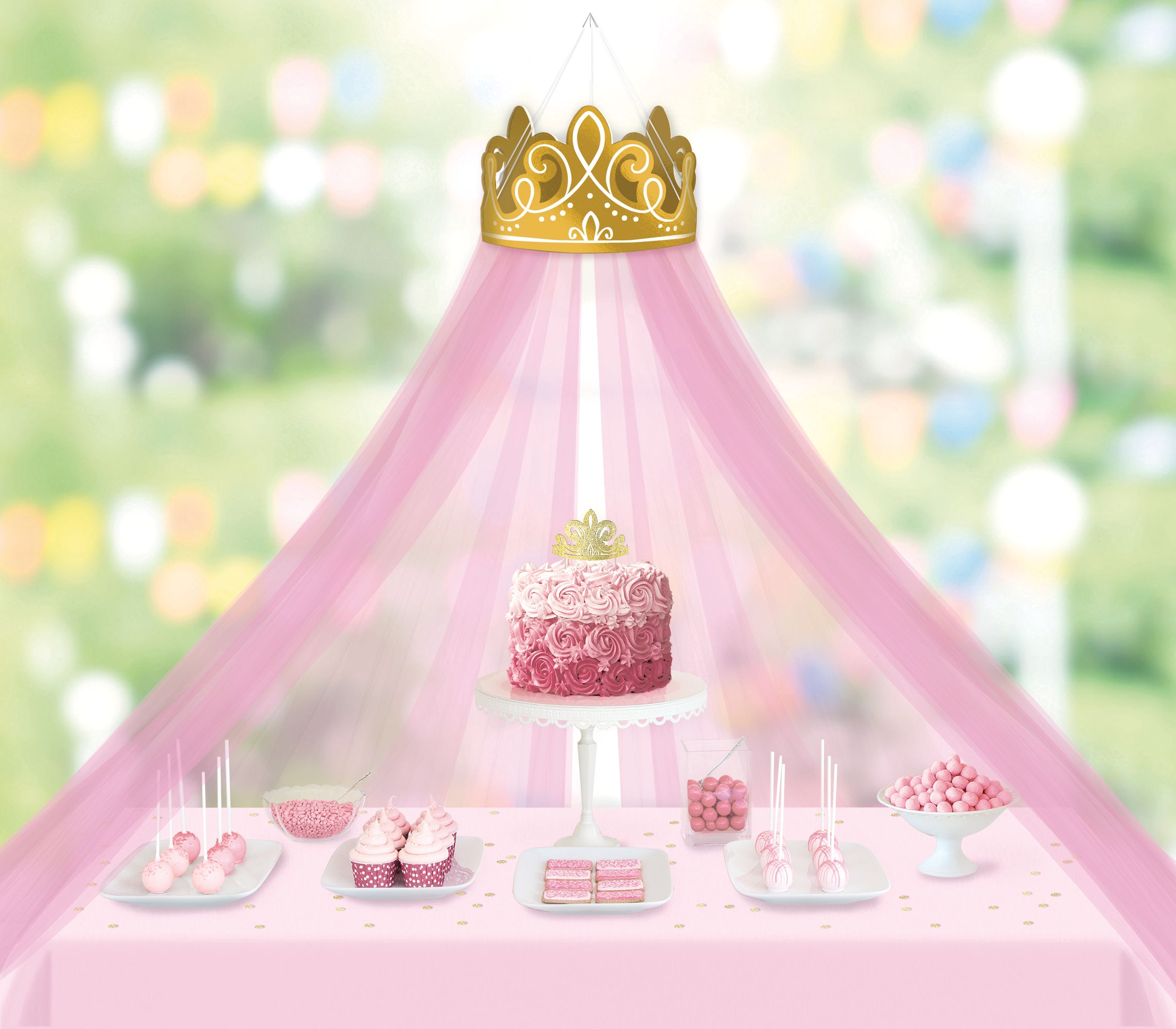 Disney Princess Once Upon a Time Canopy Tulle Decoration, Gold/Pink, 90-inch, 4-pk