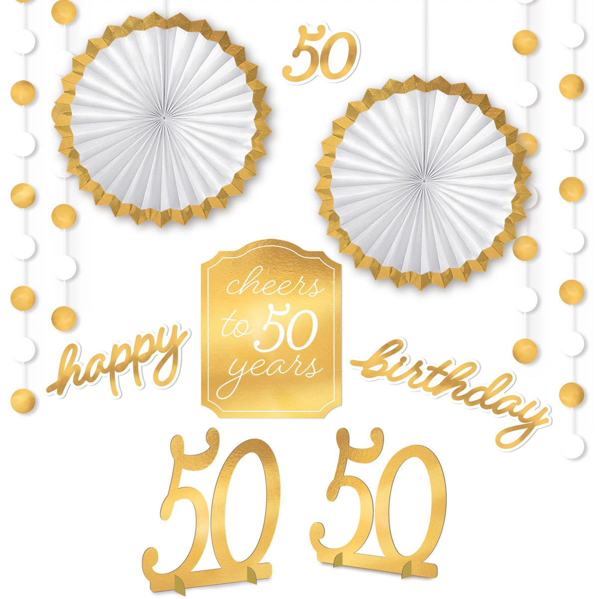 Golden Age 50th Birthday Room Decorating Kit, Gold/White, 10 inch, 11-pk