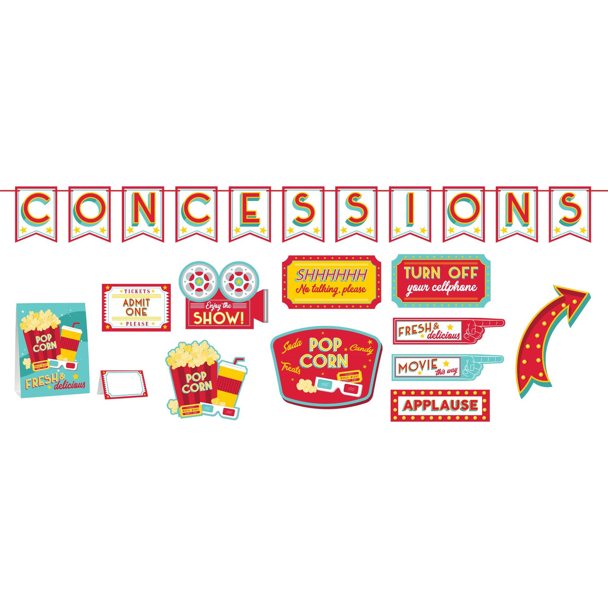 Movie Night Concessions Decorating Kit, Red/Yellow, 15-inch, 19-pk