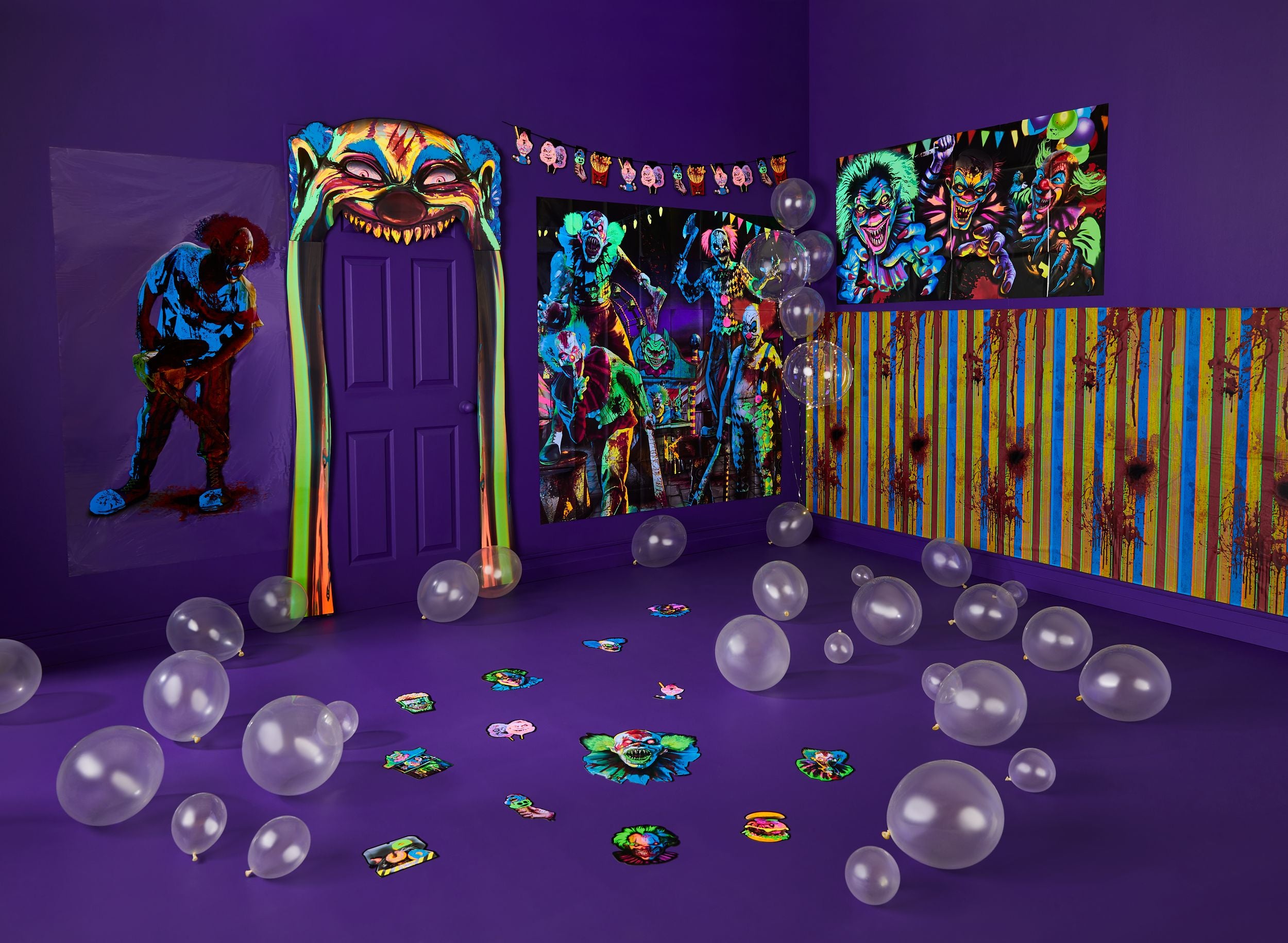 Creepy Carnival Clown Neon Black-Light Doorway Entry, 27-inch