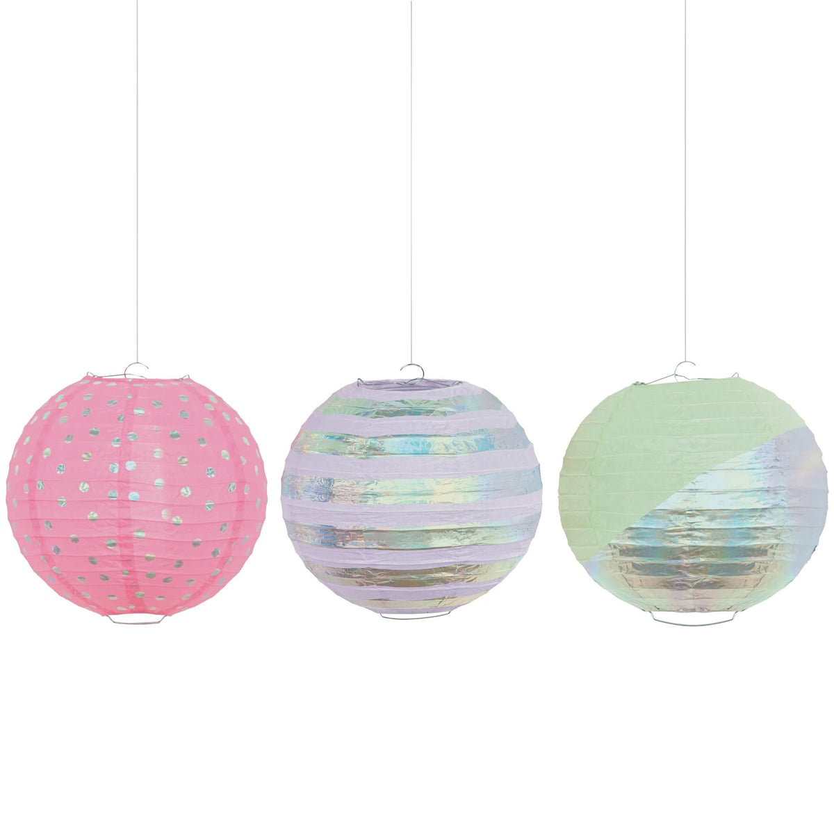 Opalescent Paper Lanterns, Assorted Colors, 9.5-inch, 3-pack