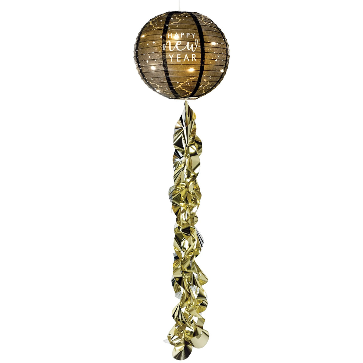 Happy New Year LED Paper Lantern, Black/Gold, 13-inch, 2-pk