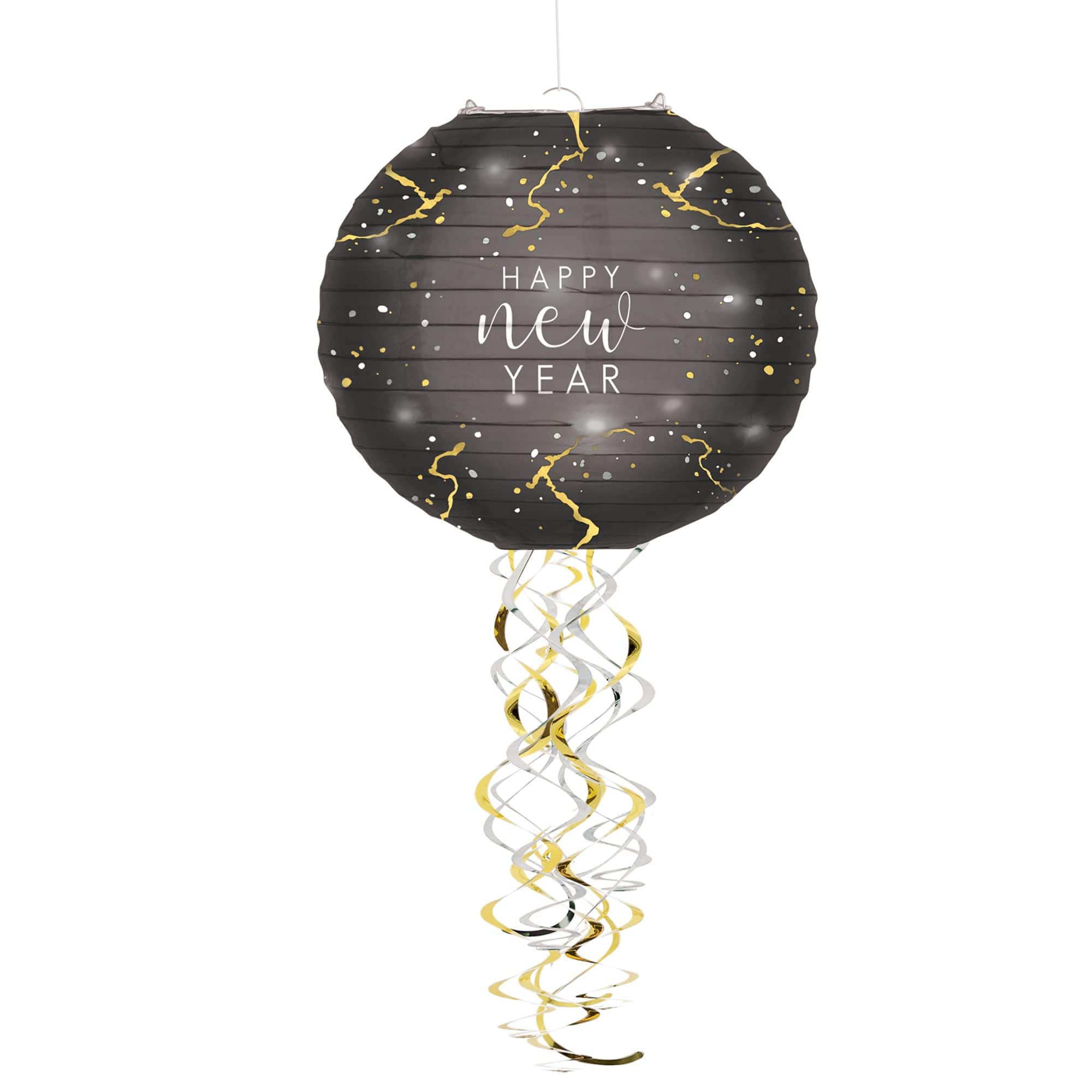 Happy New Year LED Paper Lantern, Black/Gold, 13-inch, 2-pk