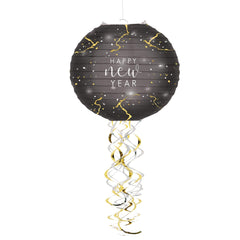 Happy New Year LED Paper Lantern, Black/Gold, 13-inch, 2-pk