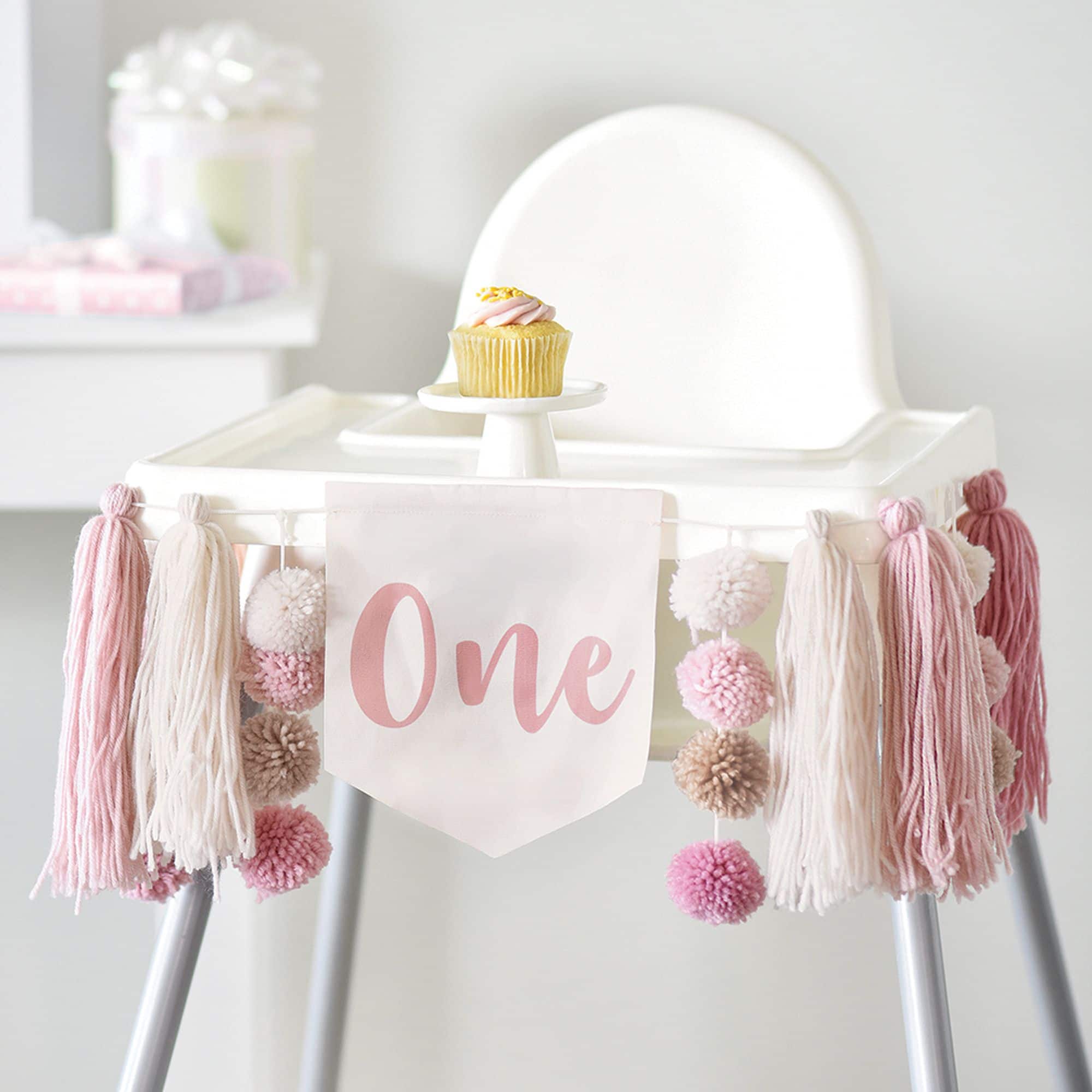1st Birthday Fabric Pennant High Chair Banner, Pink, for Birthday Party