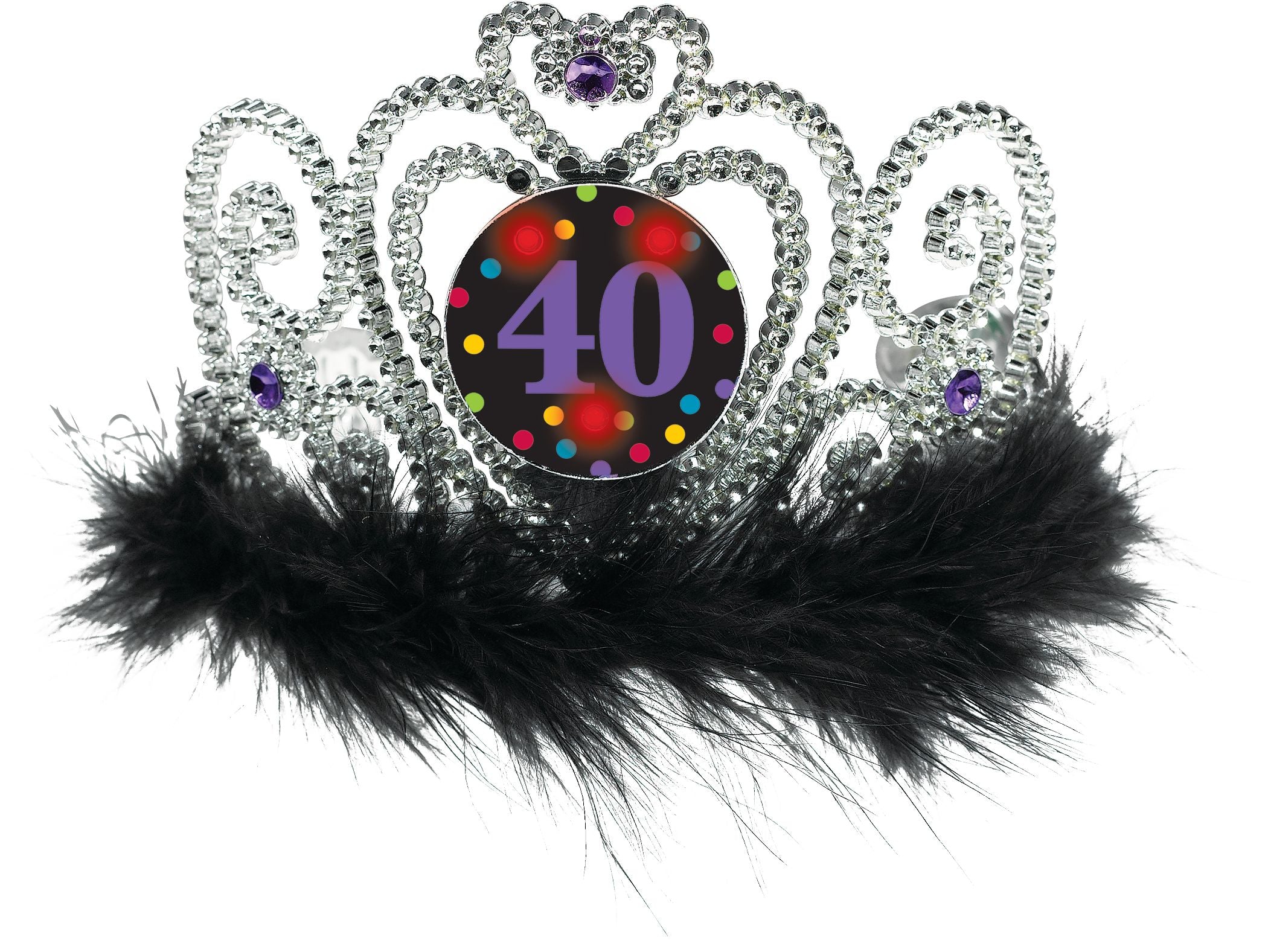 40 Light-Up Fur Trim Crown Tiara, Silver/Black, One Size