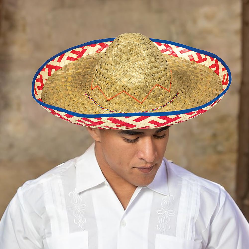 Fiesta Sombrero Straw Hat, Tan/Red, One Size, Wearable Costume Accessory