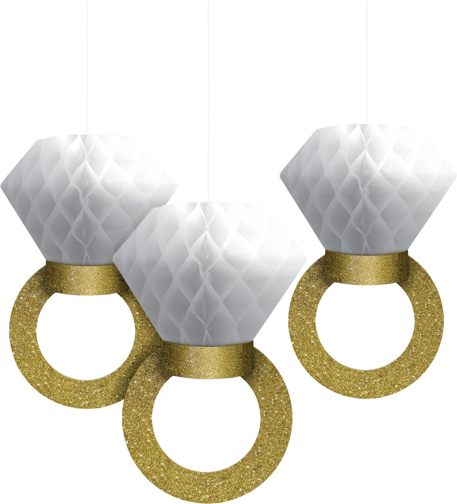 Honeycomb Diamond Ring Hanging Decorations, Gold/White, 12-inch, 3-pk