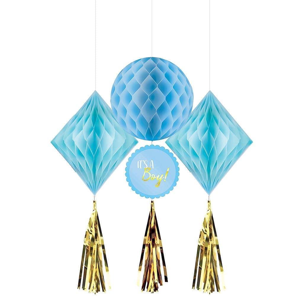 It's a Boy Honeycomb Decorations, Gold/Blue, 19-inch, 3-pk