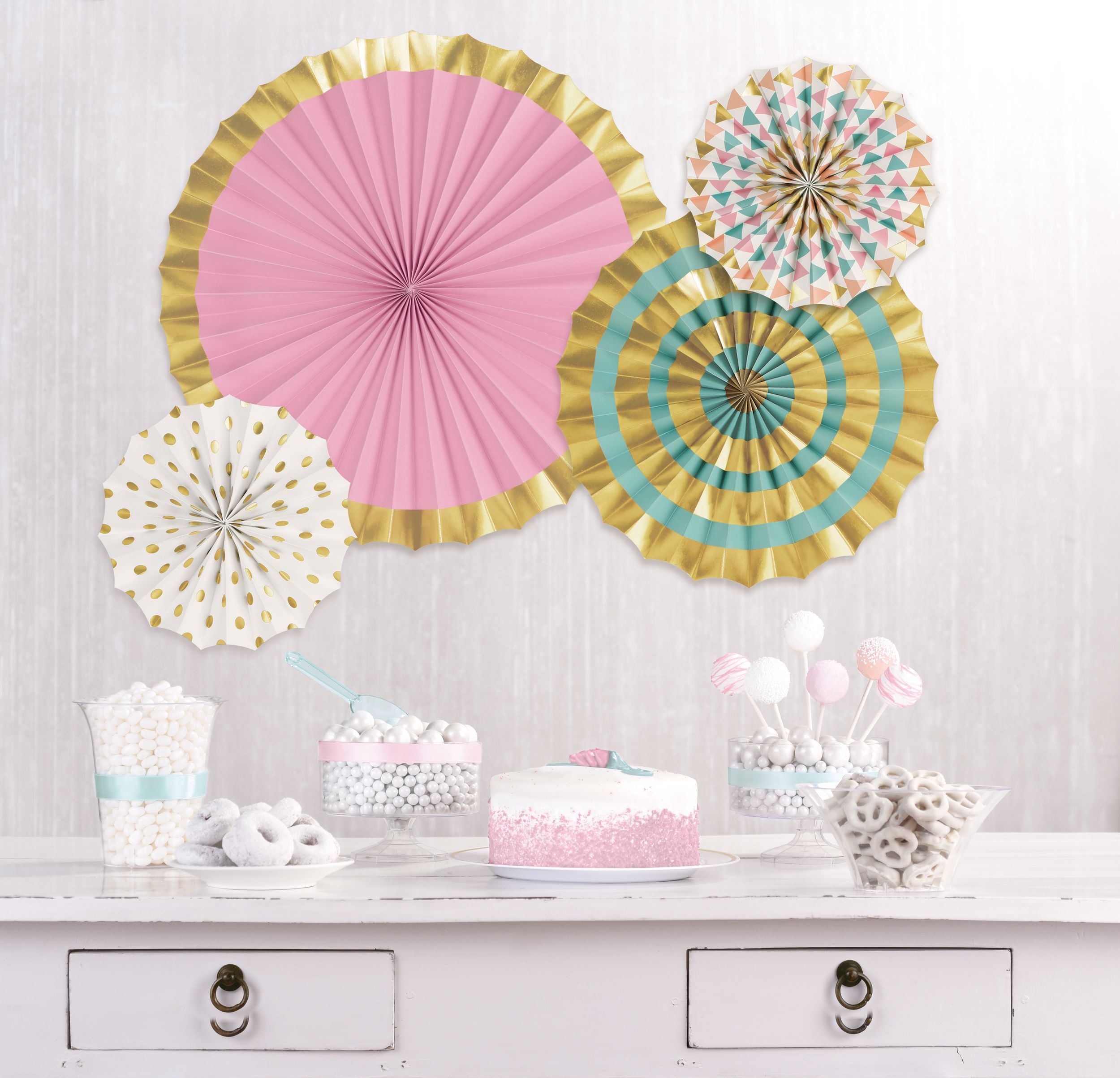 Gold/Pastel Fan Decorations, 16-inch, 4-pk