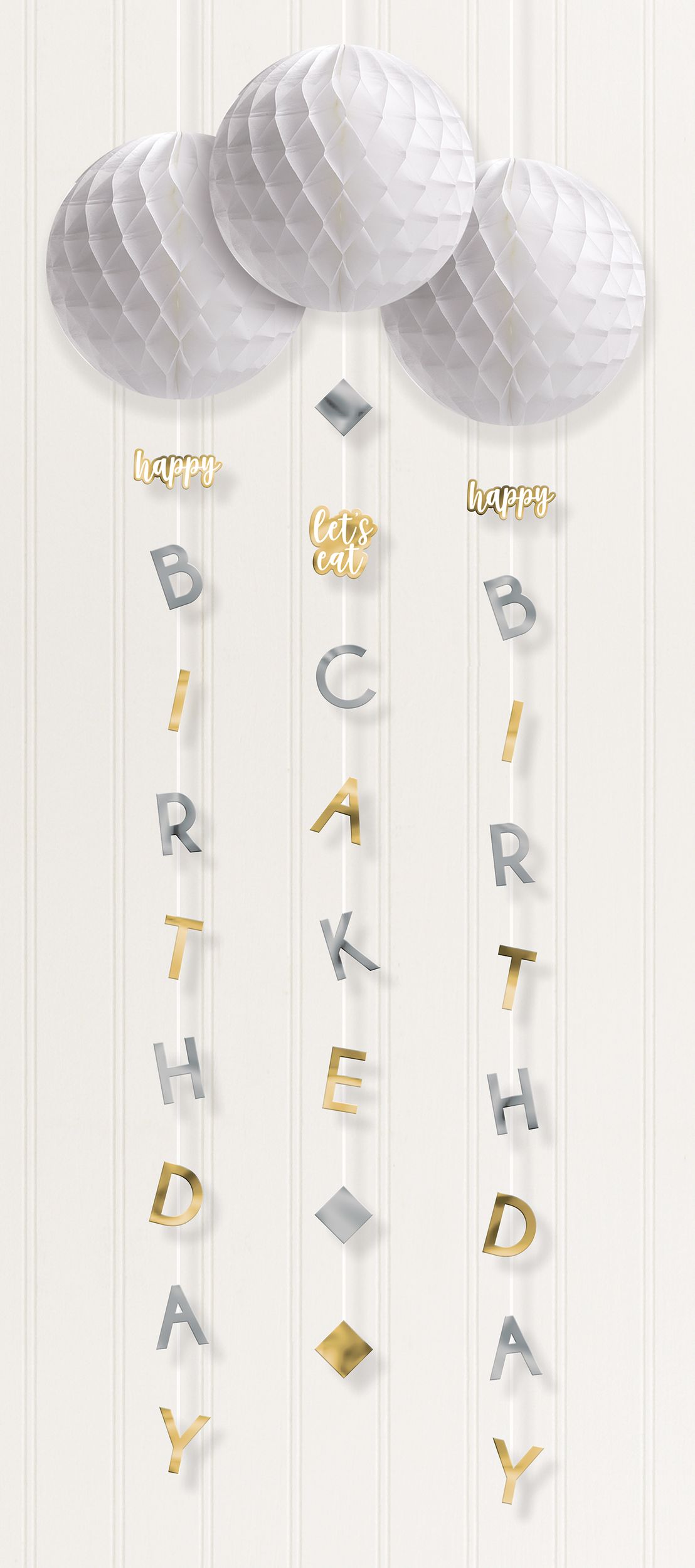Happy Birthday Honeycomb Hanging Decorations, Gold/Silver, 4-ft, 3-pk