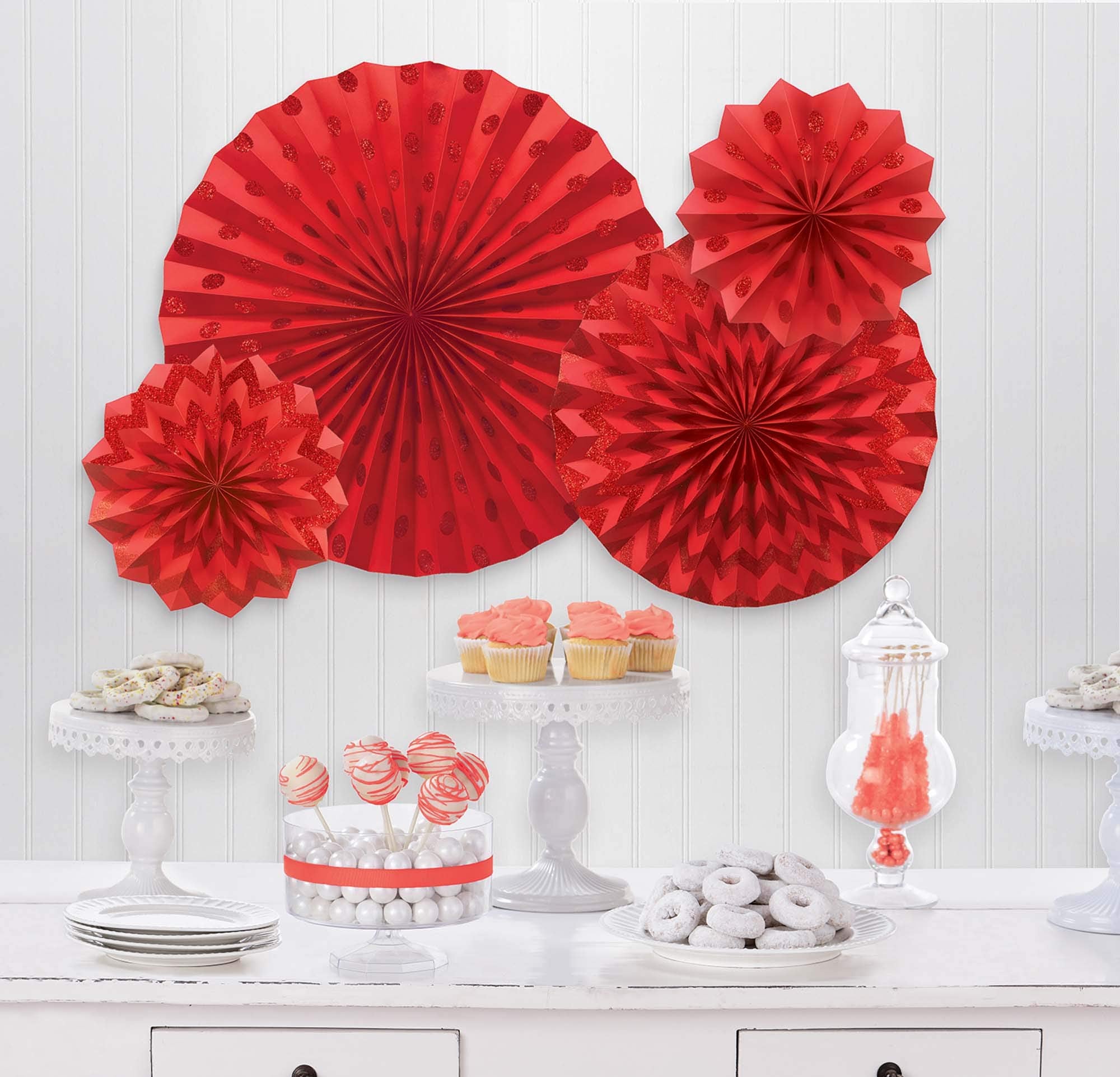 Red Glitter Paper Fan Decorations Set - Polka Dot & Chevron