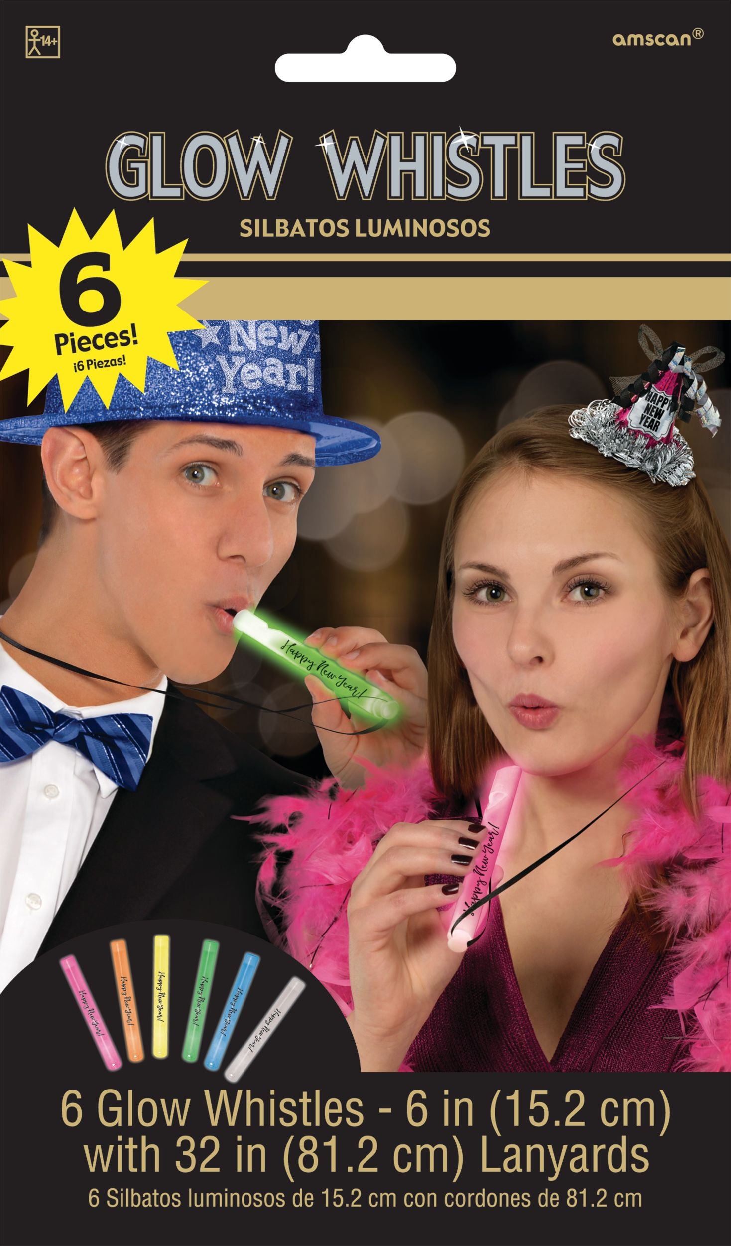 Happy New Year Glow Stick Whistle Necklaces, One Size, 6-pk