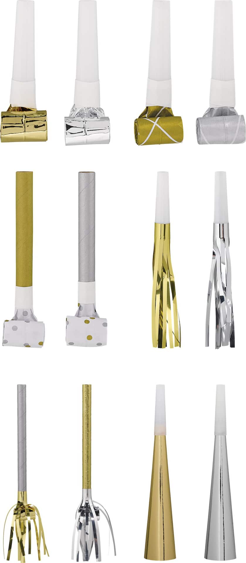 Metallic Blowout Noisemakers, Gold/Silver, 9-inch, 49-pk