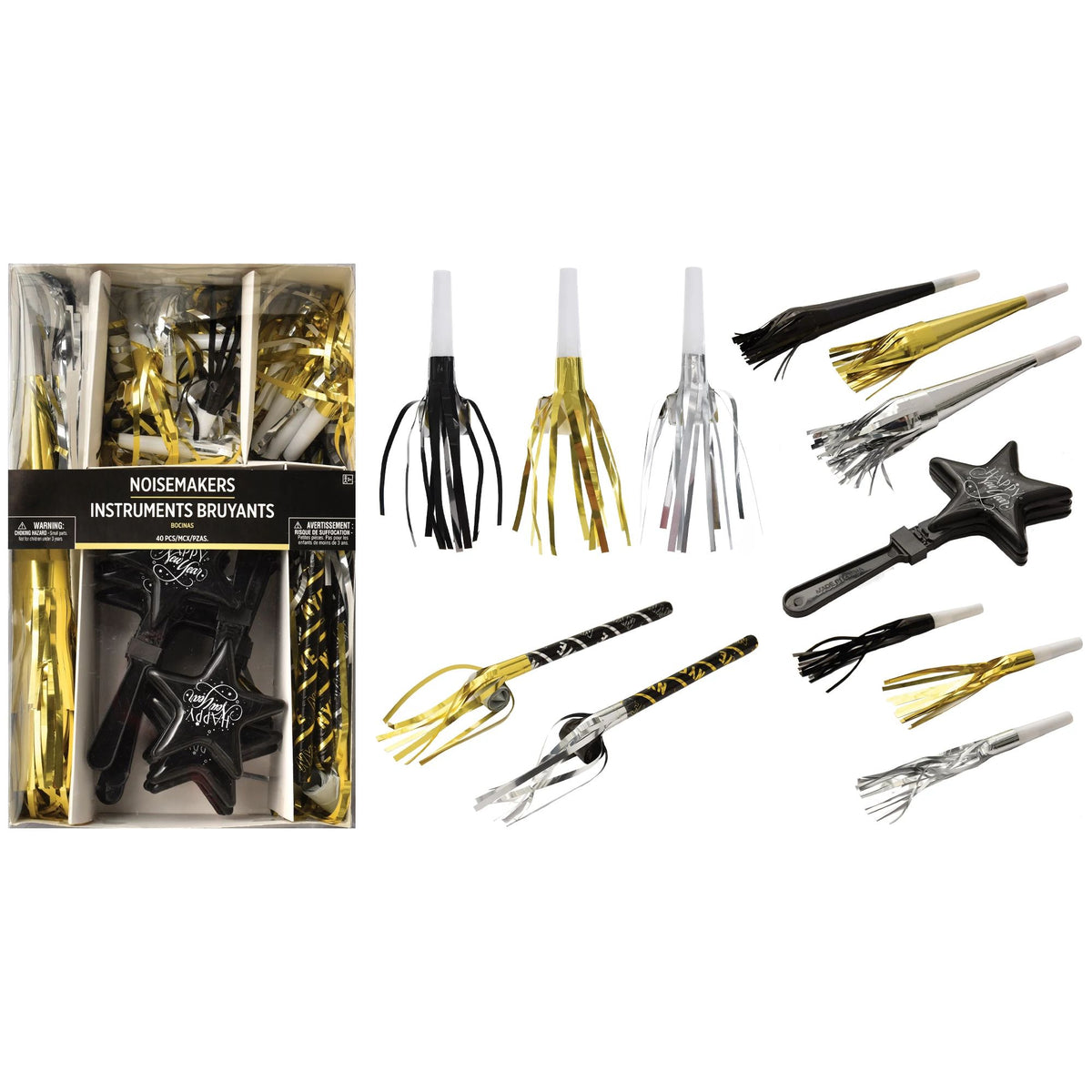 New Year Party Noisemakers - Black, Silver, Gold, 40-pk