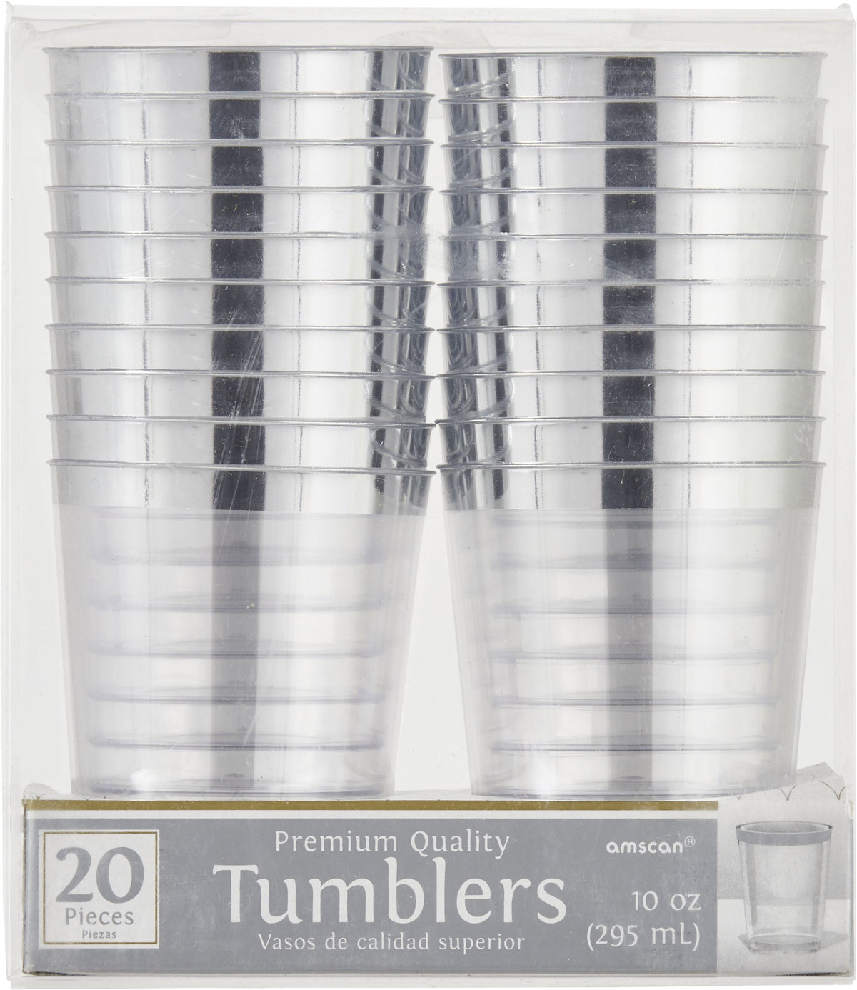 Bordered Trim Plastic Tumblers, Clear/Silver, 10-ounce, 20-pk