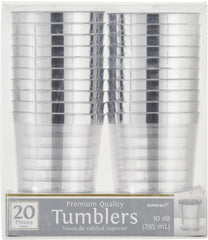 Bordered Trim Plastic Tumblers, Clear/Silver, 10-ounce, 20-pk