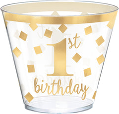 1st Birthday Plastic Tumblers, Clear/Gold, 9-oz, 30-pk