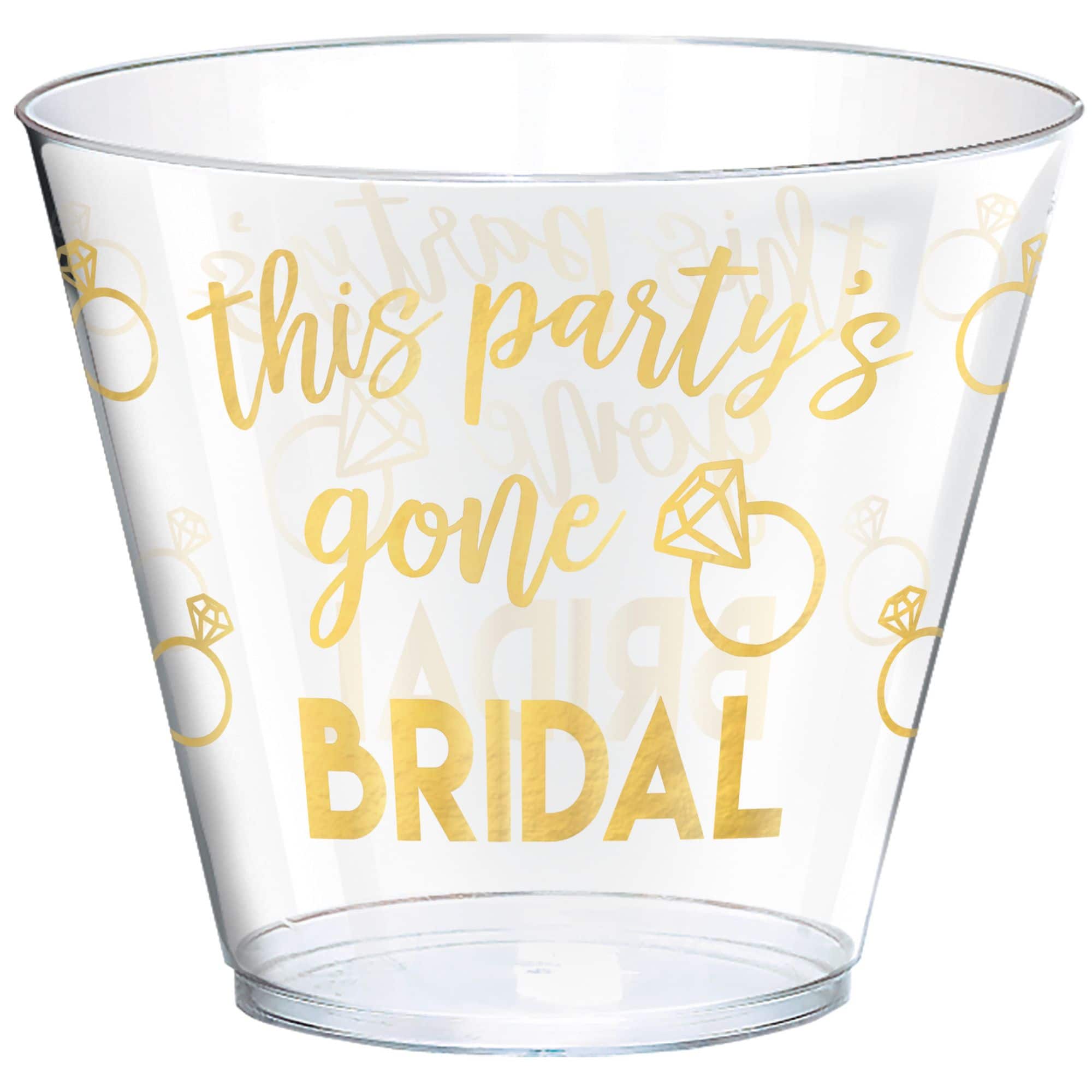 "This Party's Gone Bridal" Plastic Tumblers, Clear/Gold, 9-oz, 30-pk