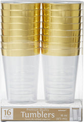Clear/Gold Tumbler Cups, Plastic, 16 oz, 16-pk