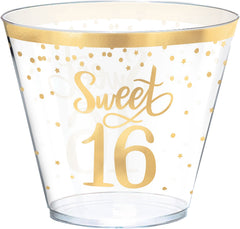 Sweet 16 Plastic Reusable Tumbler Cups, Clear/Gold, 16-oz, 30-pk