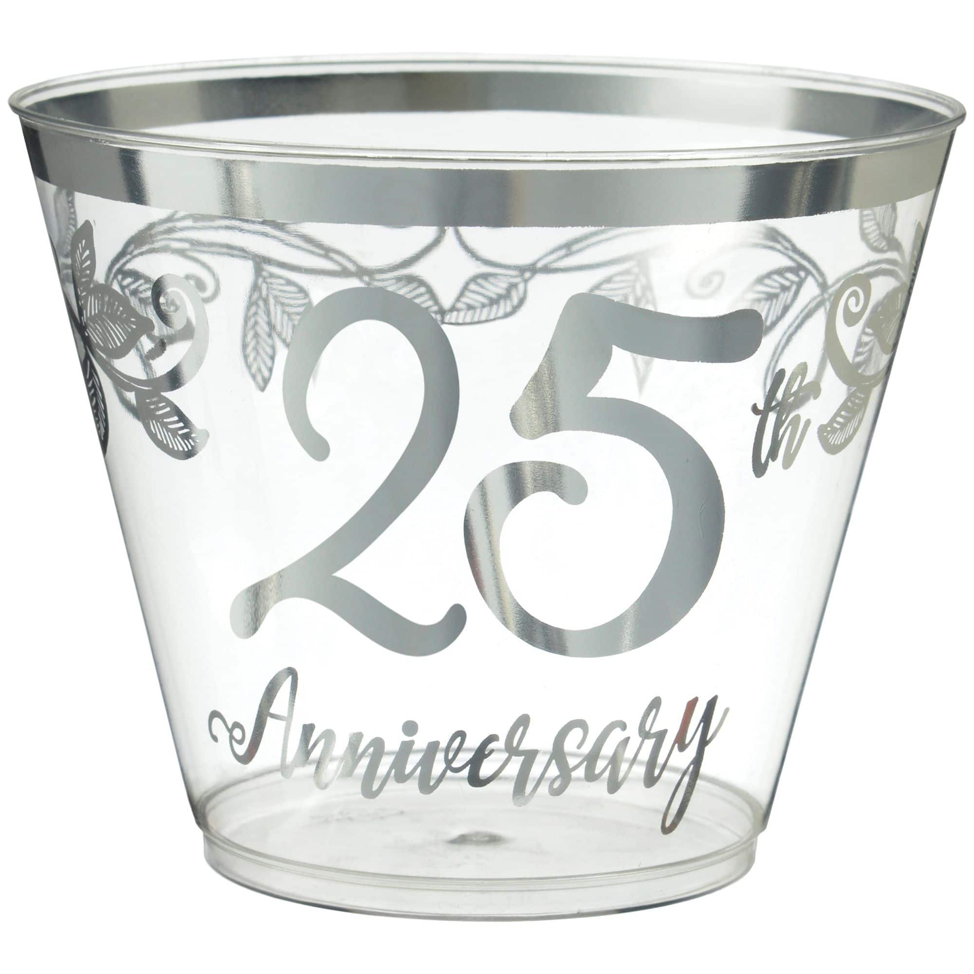 25th Anniversary Plastic Tumbler Cups, Clear/Silver, 9-oz, 30-pk