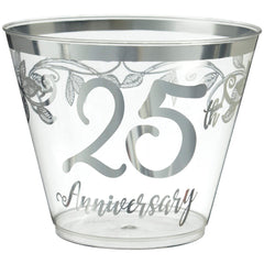 25th Anniversary Plastic Tumbler Cups, Clear/Silver, 9-oz, 30-pk