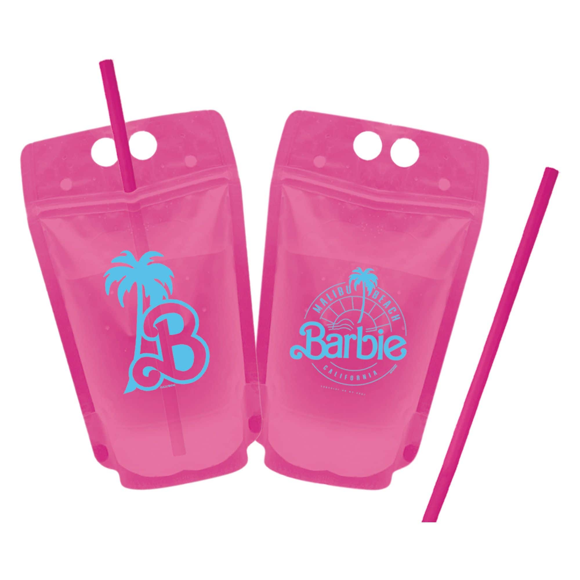Barbie Plastic Reusable Drink Pouches, Pink, 8-pk