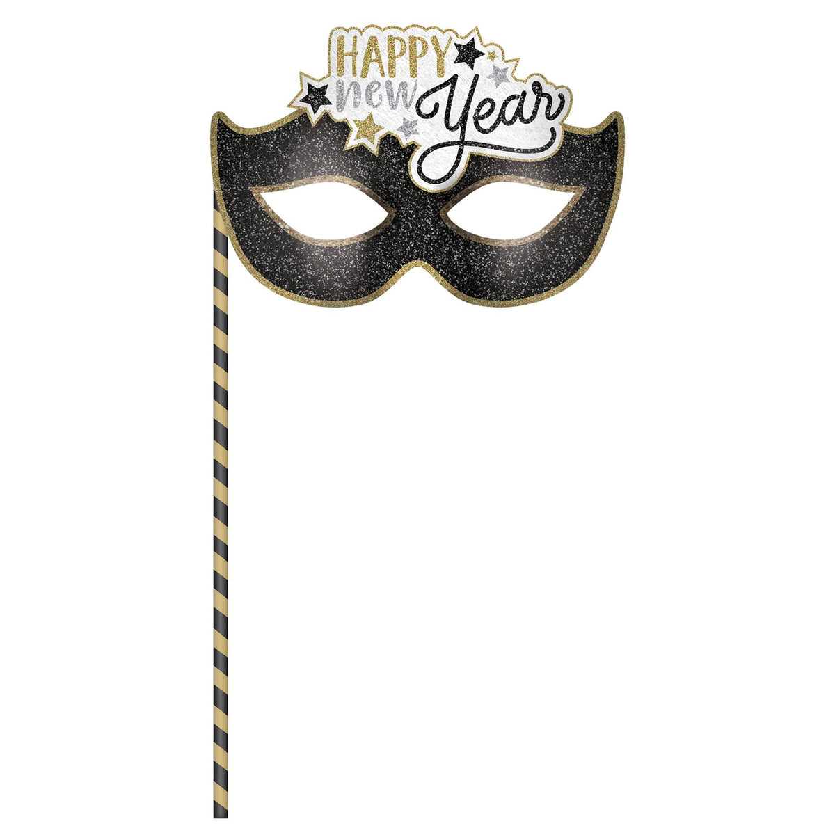 Happy New Year Masquerade Mask on a Stick, Black/Gold, One Size