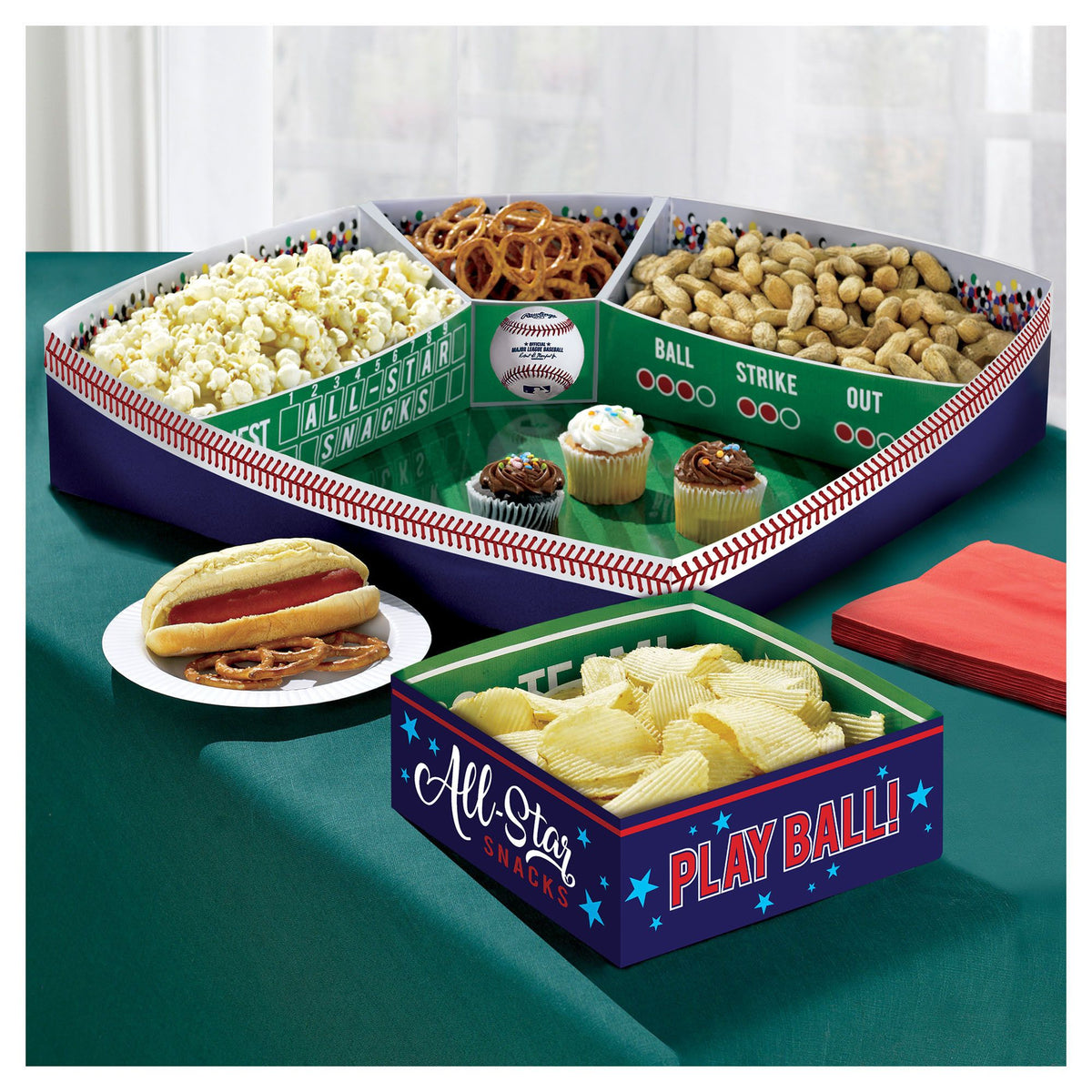 Baseball Play Ball Snack Stadium Kit, Blue/Green, 19-inch, 5-pk