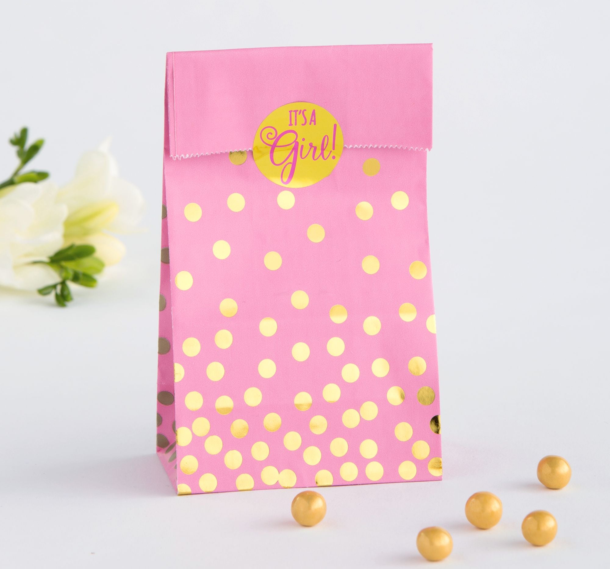 It's a Girl Paper Treat Bags, Pink/Gold Polka Dot, 6.5 inch, 20-pk