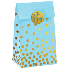"It's a Boy" Paper Treat Bags, Blue/Gold Polka Dots, 6.5-inch, 20-pk