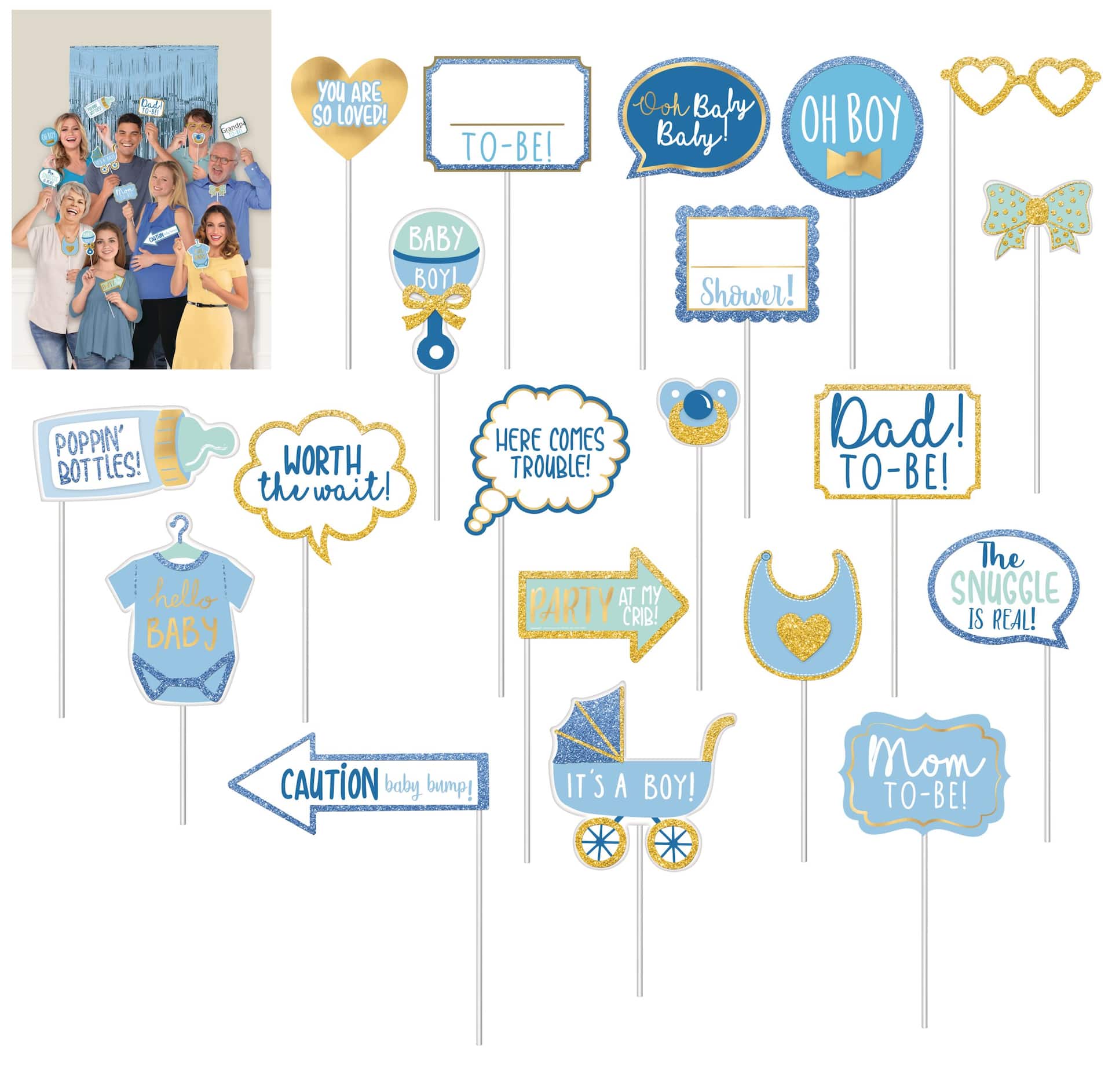 Mom To Be Fringe Scene Setter, Photo Booth Props, Blue/Gold, 15-inch, 21-pk