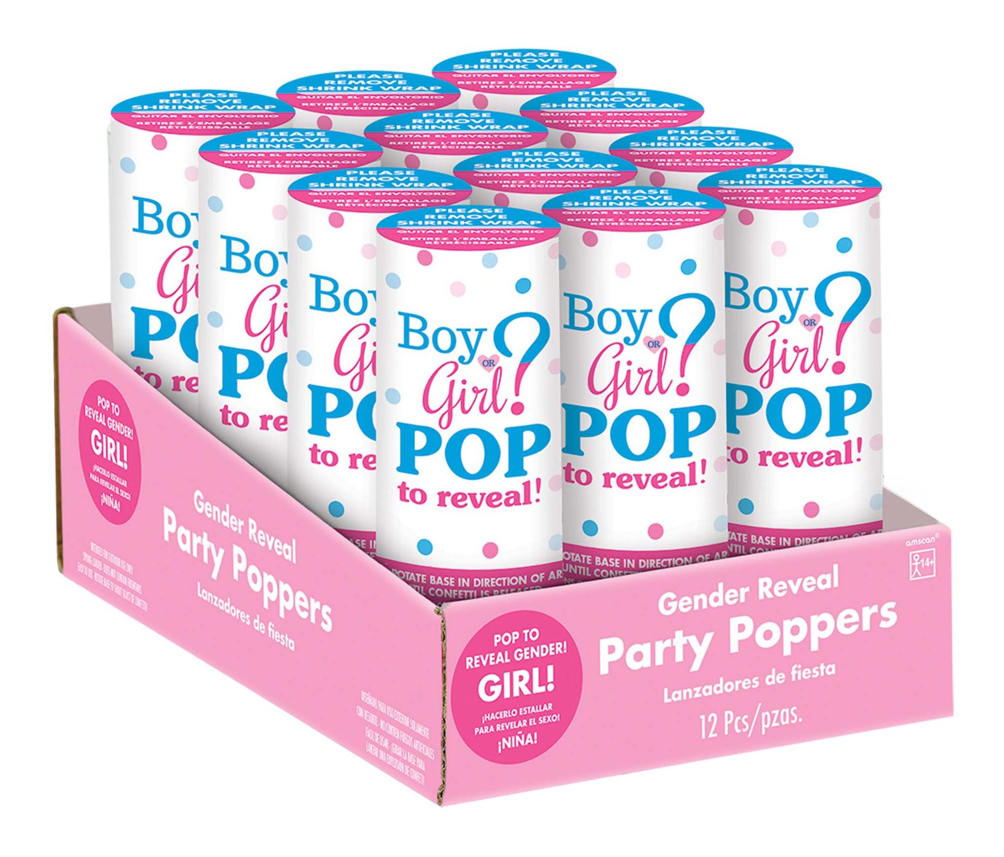 Confetti Cannon Poppers, Pink, 12-pk, Gender Reveal