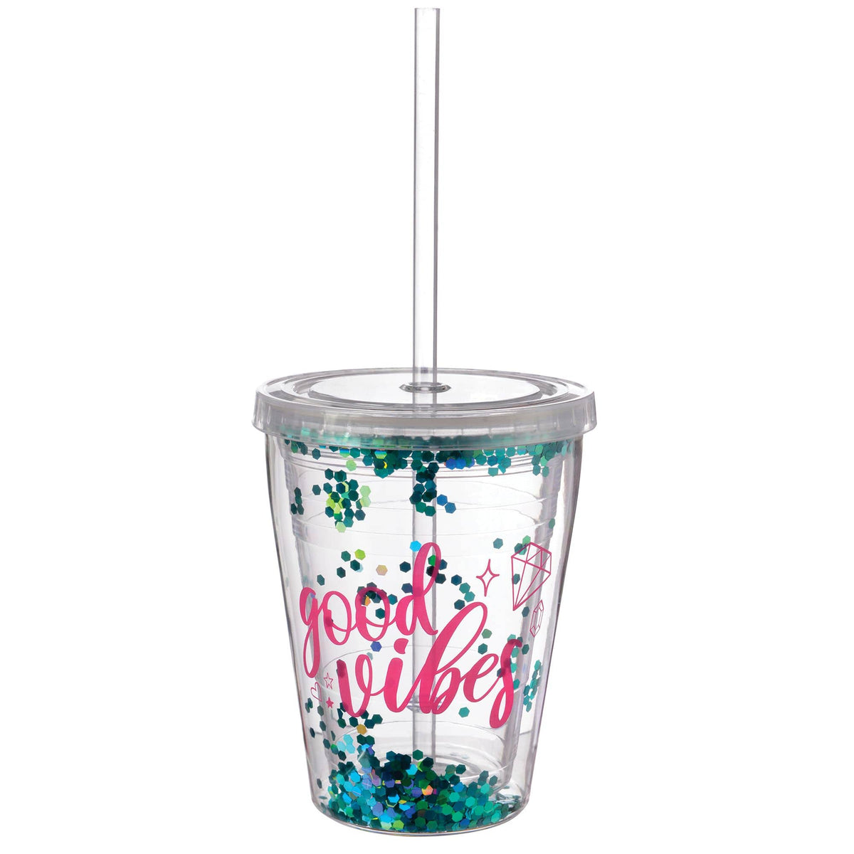 Sparkle "Good Vibes" Double Wall Tumbler with Straw, 12-ounce