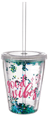 Sparkle "Good Vibes" Double Wall Tumbler with Straw, 12-ounce
