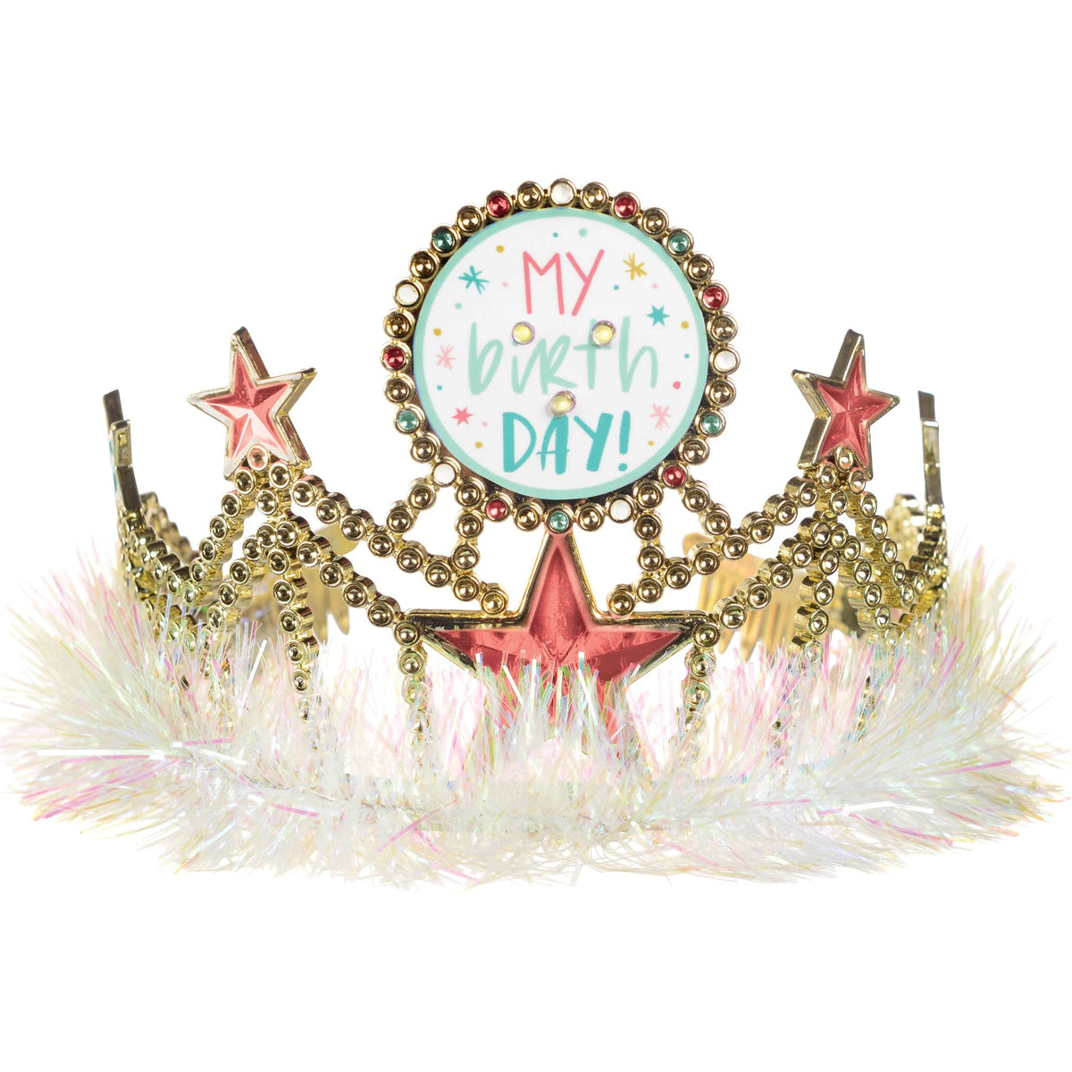 "Happy Cake Day" Light-Up Tinsel Trim Tiara, Gold, One Size