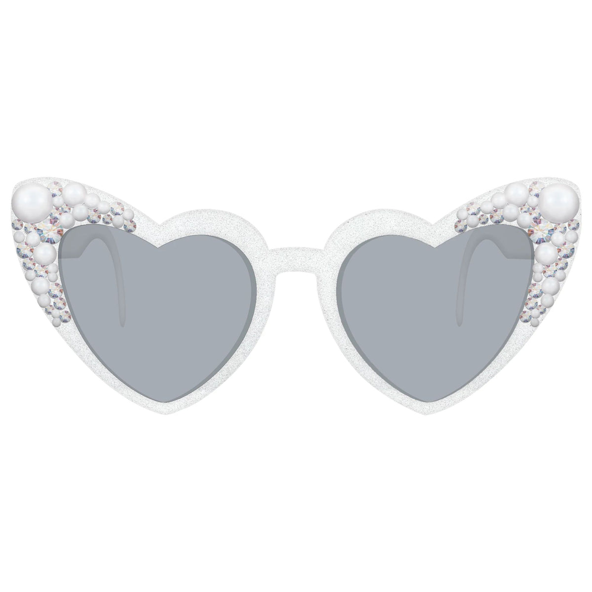 Heart-Shaped Bejeweled Pearl Sunglasses, White, One Size