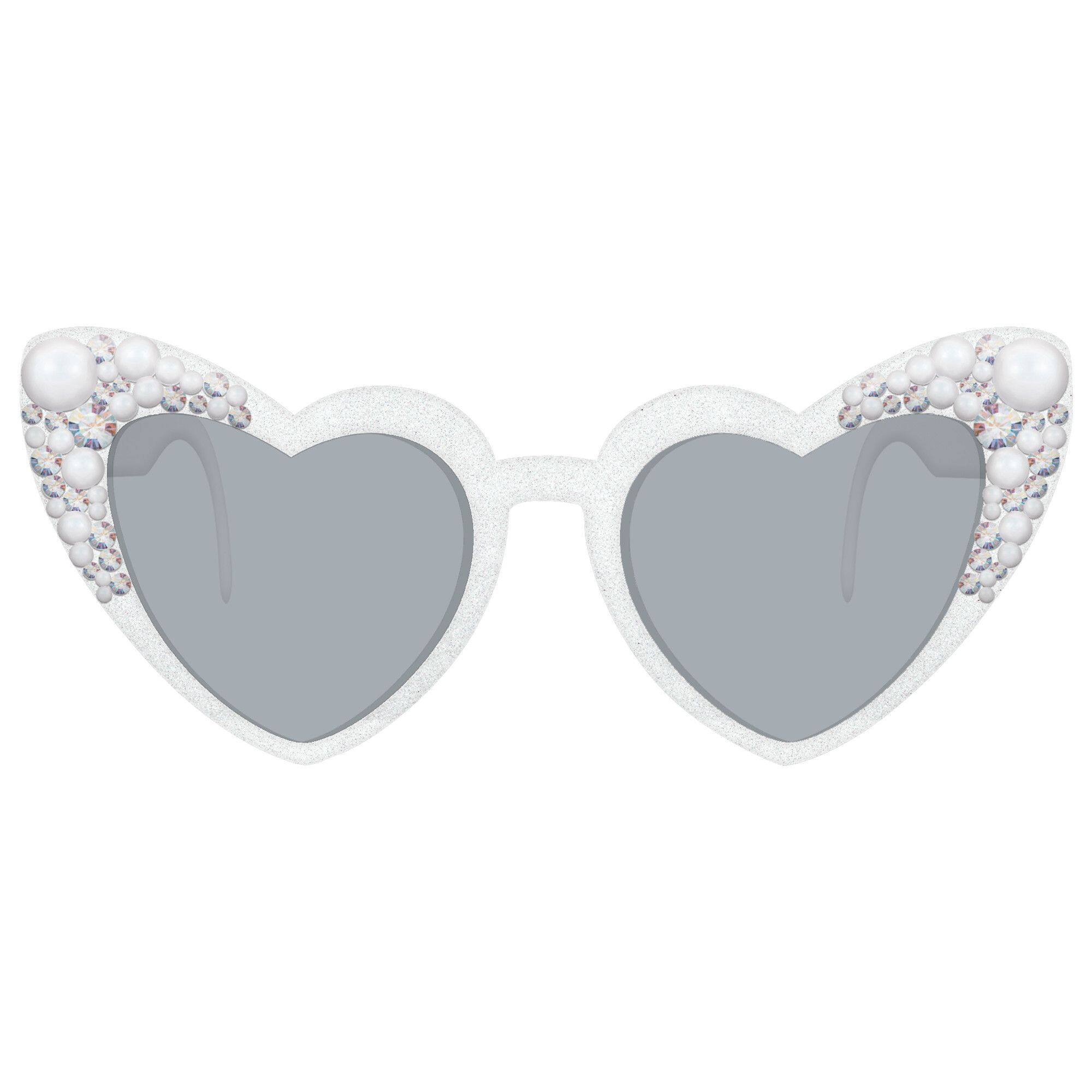Heart-Shaped Bejeweled Pearl Sunglasses, White, One Size