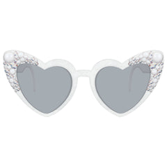 Heart-Shaped Bejeweled Pearl Sunglasses, White, One Size