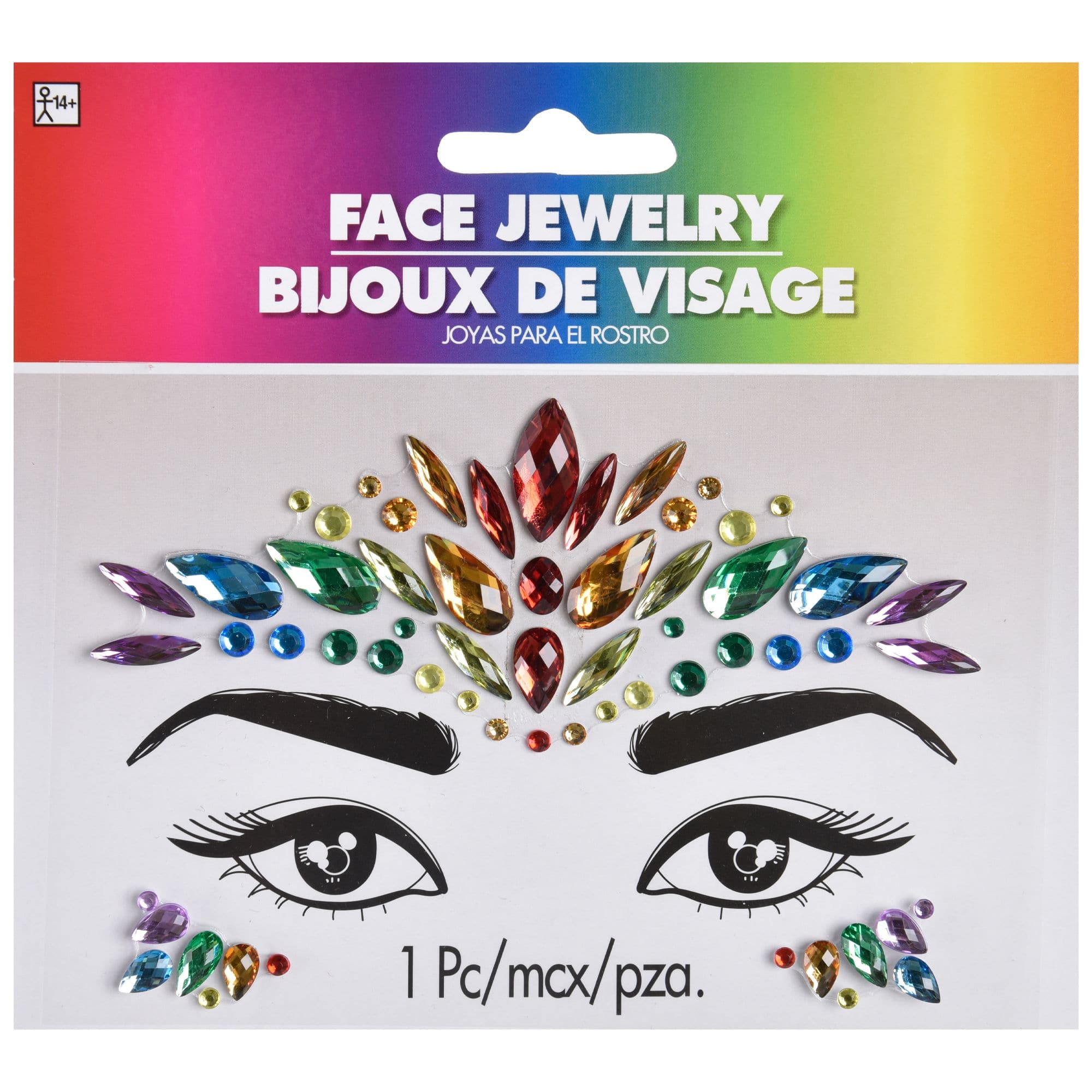 Self-Adhesive Face Jewel Stickers, Rainbow, One Size, Wearable Costume Accessory