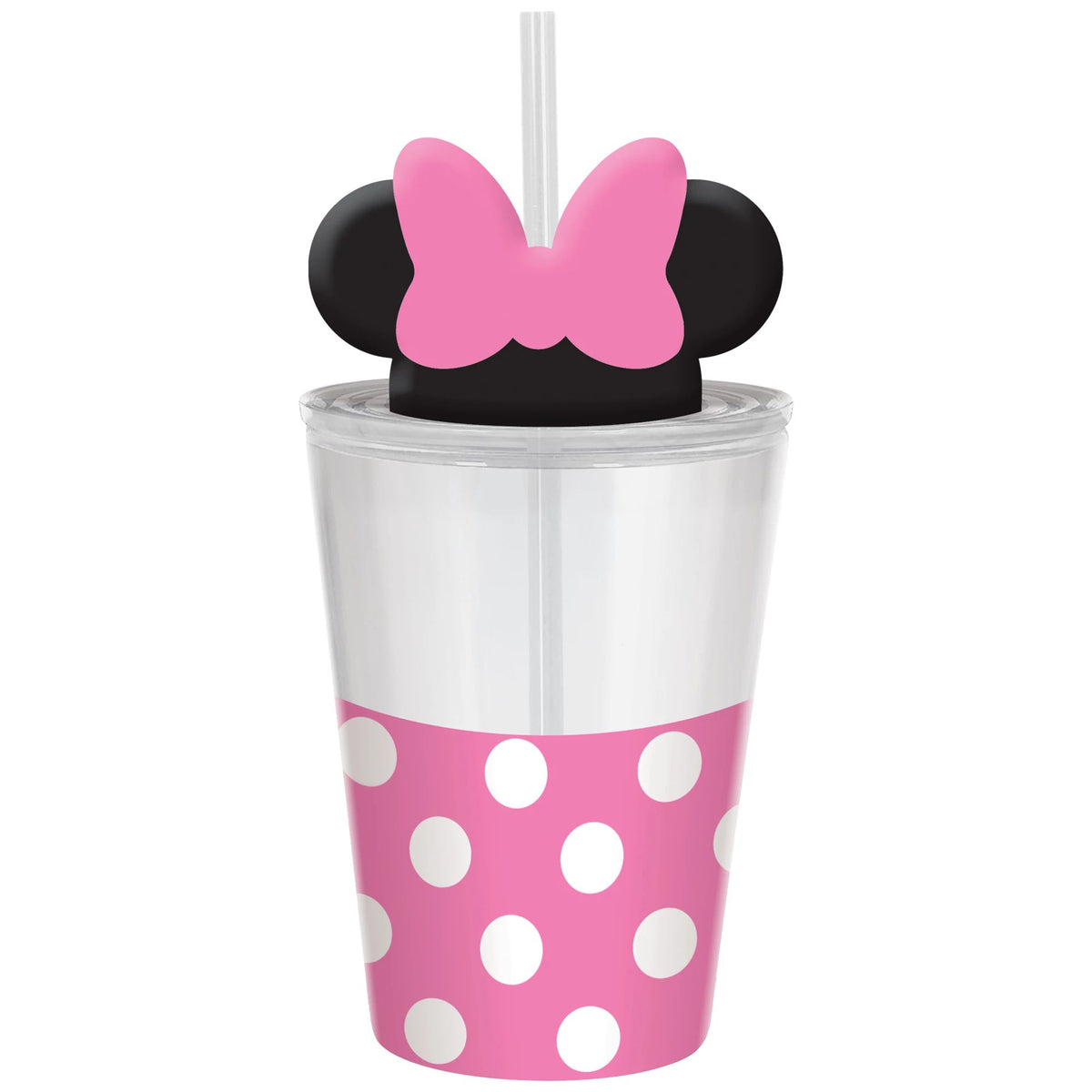 Disney Minnie Mouse Plastic Mason Cup, Straw, Pink/Black, 18-oz