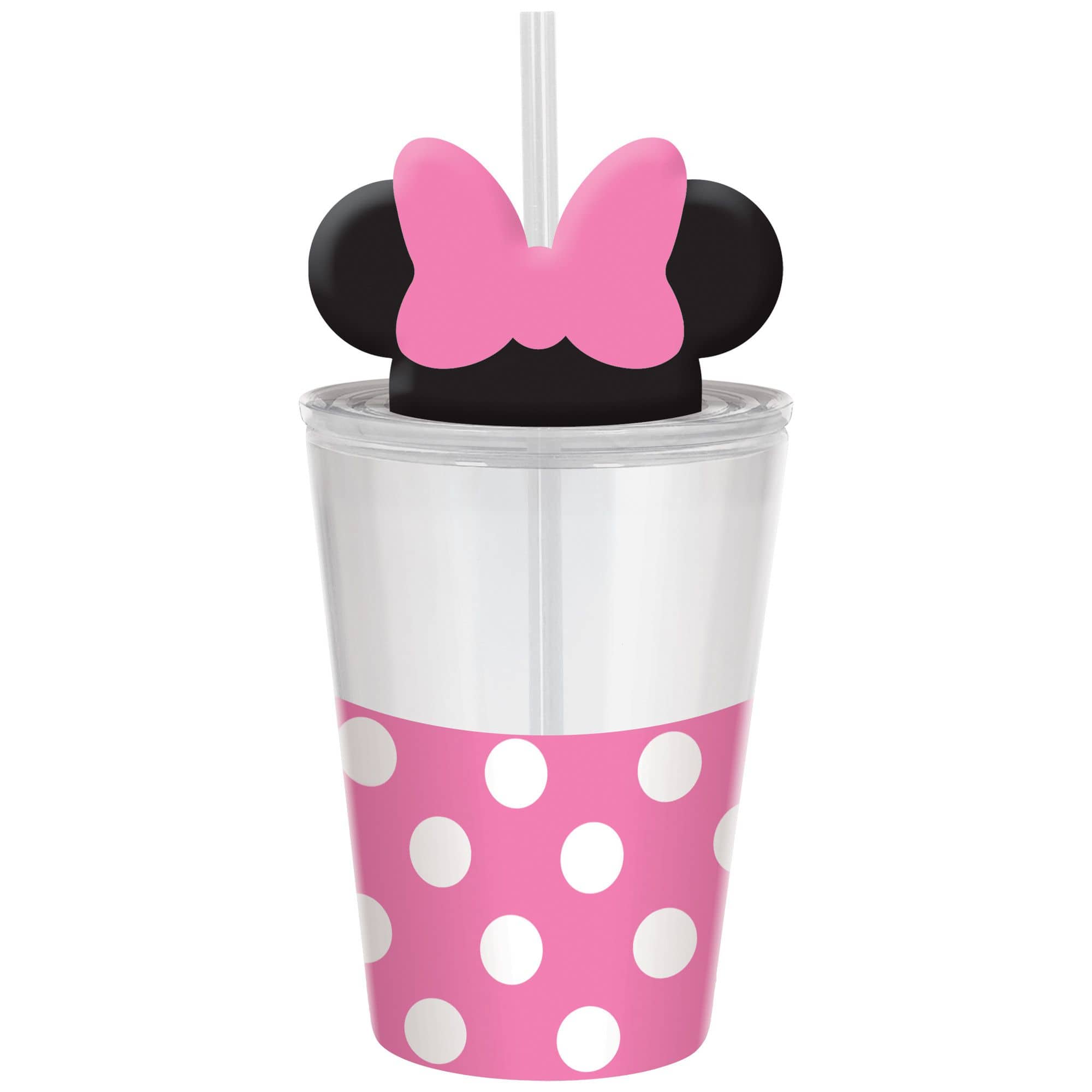 Disney Minnie Mouse Plastic Mason Cup, Straw, Pink/Black, 18-oz