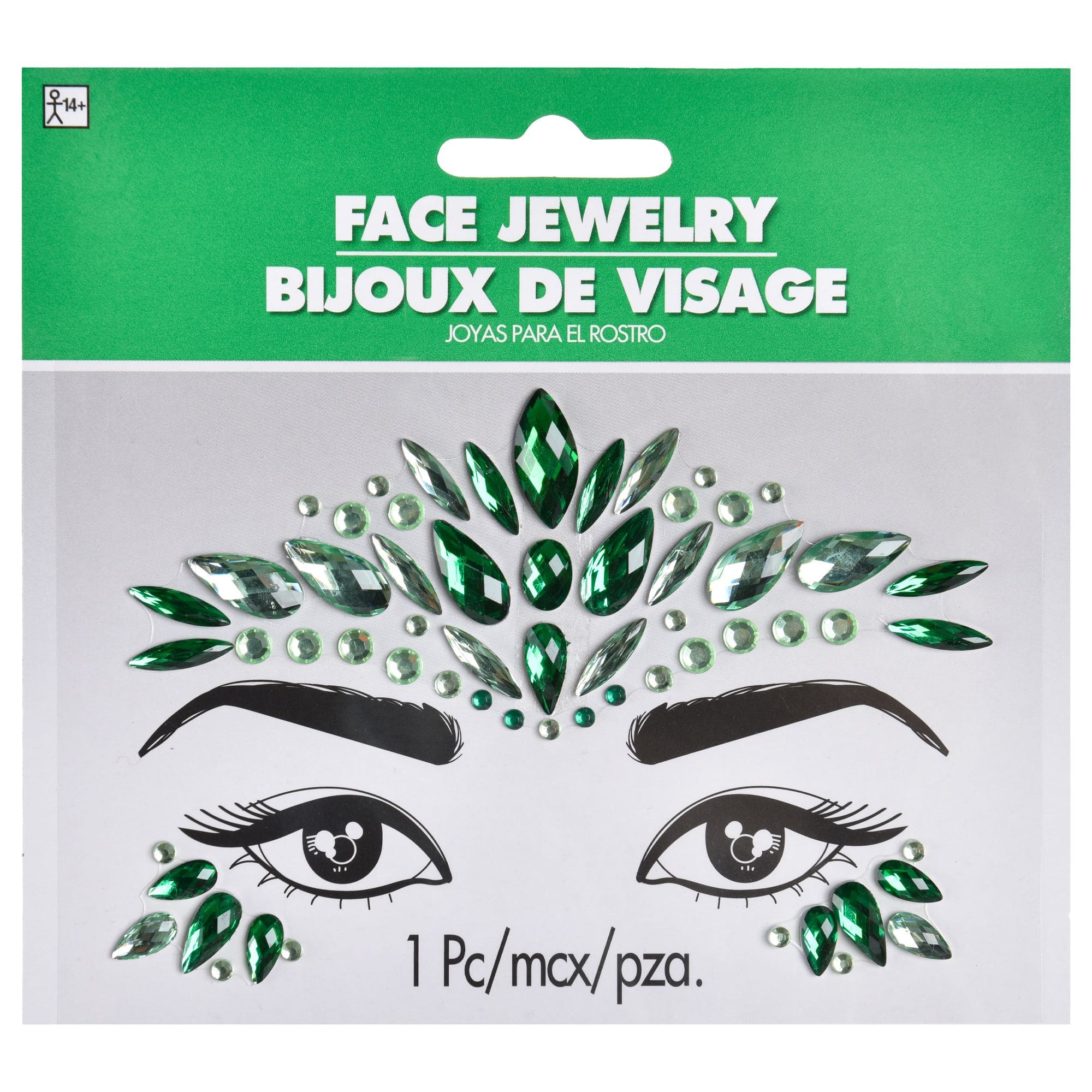 Self-Adhesive Face Jewel Stickers, Green, One Size, Wearable Costume Accessory