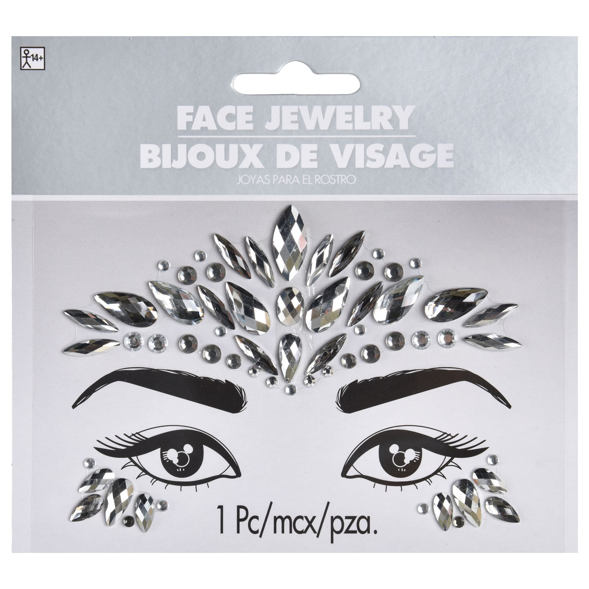 Self-Adhesive Face Jewel Stickers, Silver, One Size, Wearable Costume Accessory