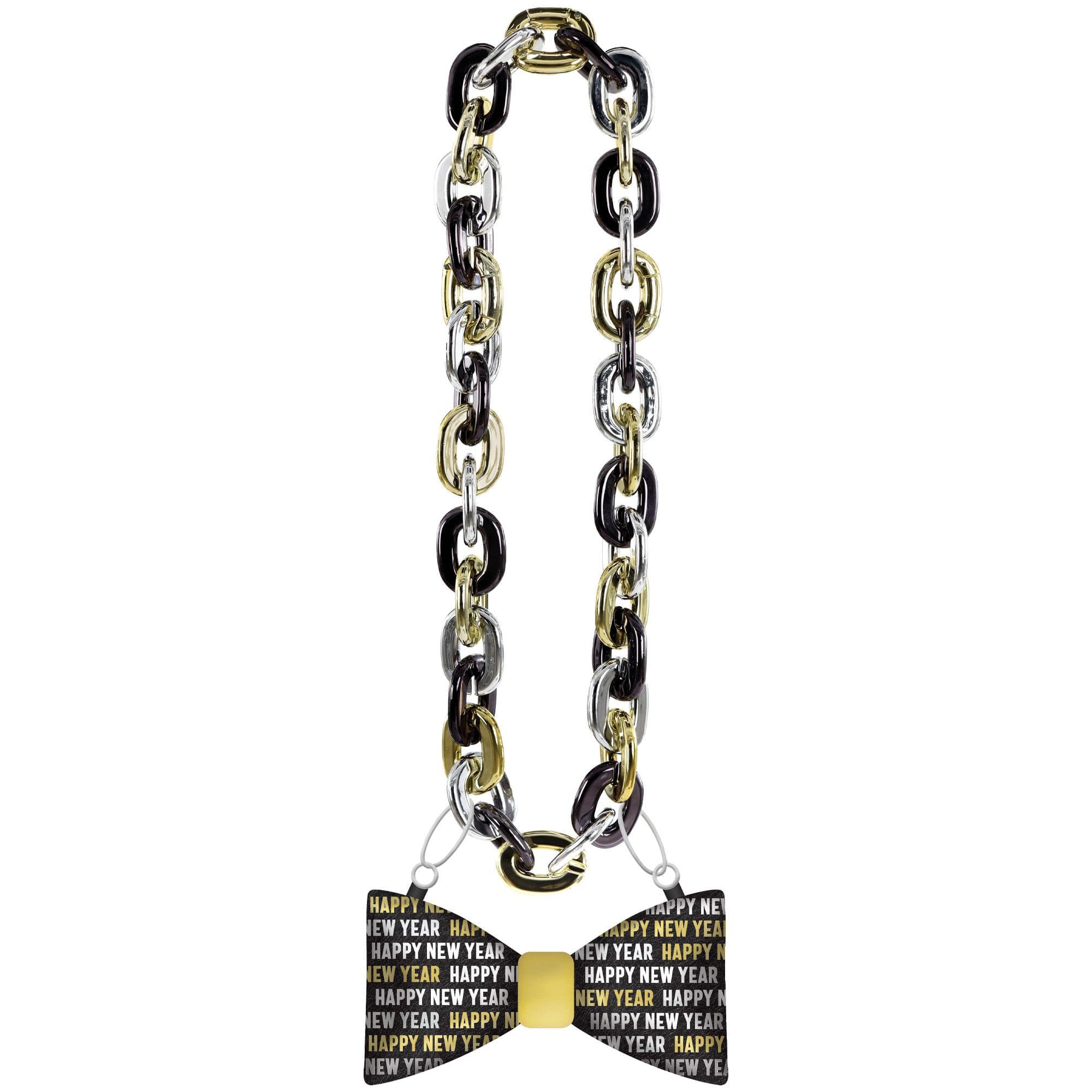 Happy New Year Light-Up Bow Tie Chain Pendant Necklace, Black/Gold/Silver, One Size