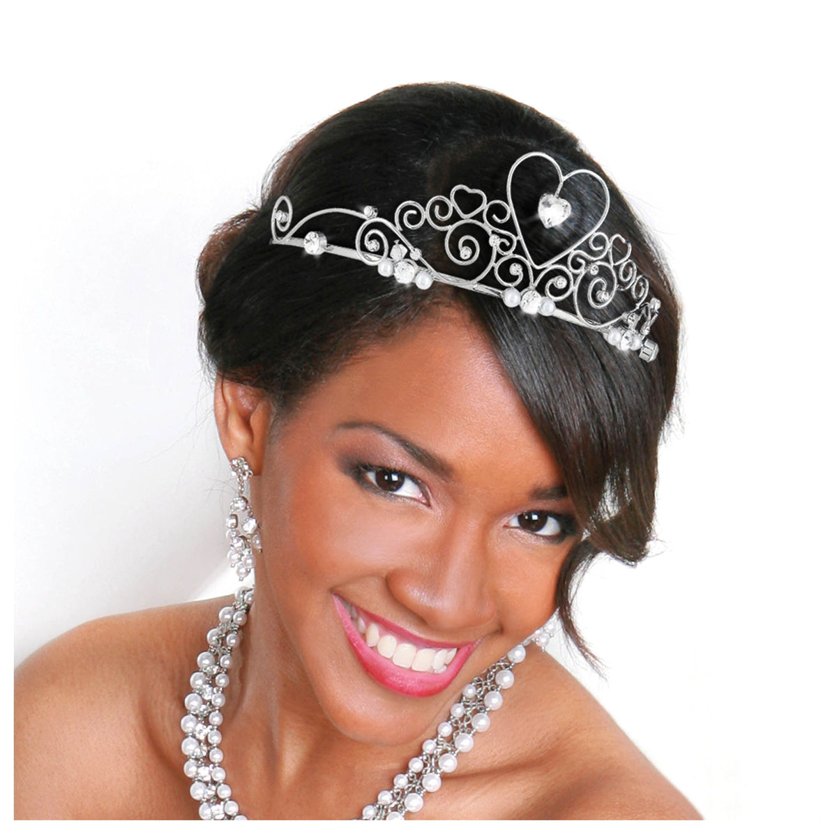 Bridal Gemstone Heart Crown Tiara Headband, Silver, One Size